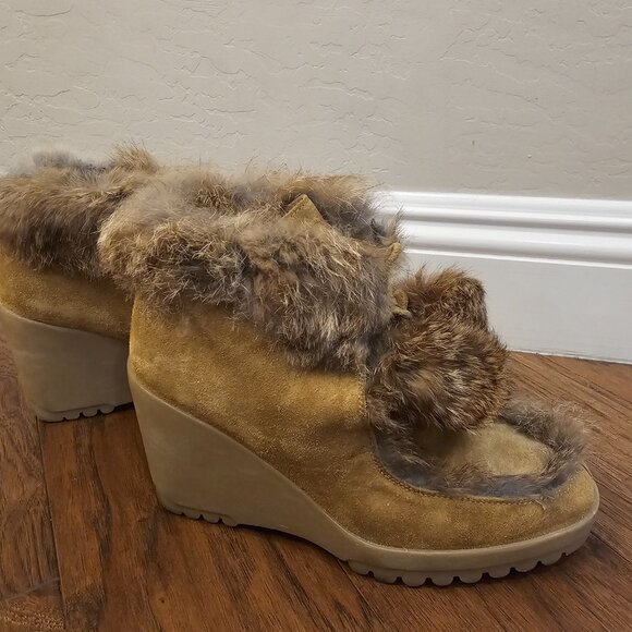 Coach Kataya camel suede rabbit fur wedge boots - Picture 2 of 10
